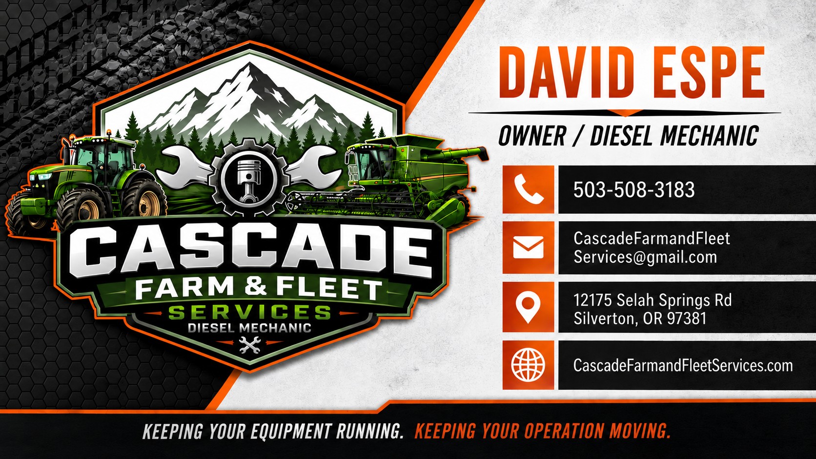 David Espe, Owner / Diesel Mechanic, Cascade Farm and Fleet Services. 503-508-3183, CascadeFarmandFleetServices@gmail.com, 12175 Selah Springs Rd, Silverton, OR 97381, CascadeFarmandFleetServices.com