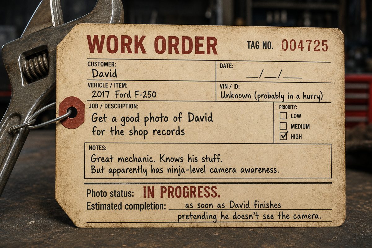 Placeholder photo of David Espe: a shop work order tag clipped to a wrench, joking that his real photo is still in progress