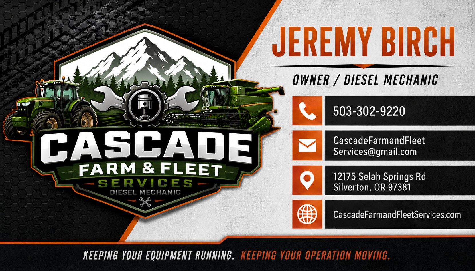 Jeremy Birch, Owner / Diesel Mechanic, Cascade Farm and Fleet Services. 503-302-9220, CascadeFarmandFleetServices@gmail.com, 12175 Selah Springs Rd, Silverton, OR 97381, CascadeFarmandFleetServices.com