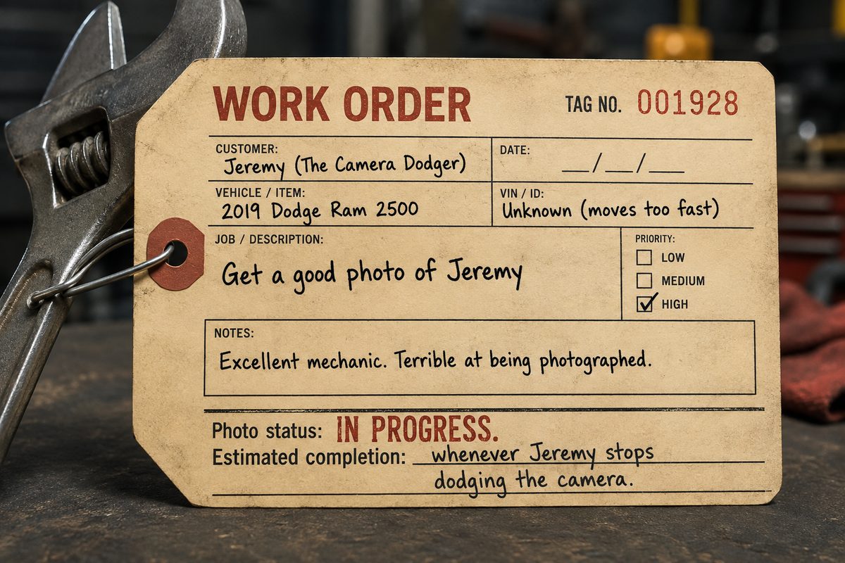 Placeholder photo of Jeremy Birch: a shop work order tag clipped to a wrench, joking that his real photo is still in progress